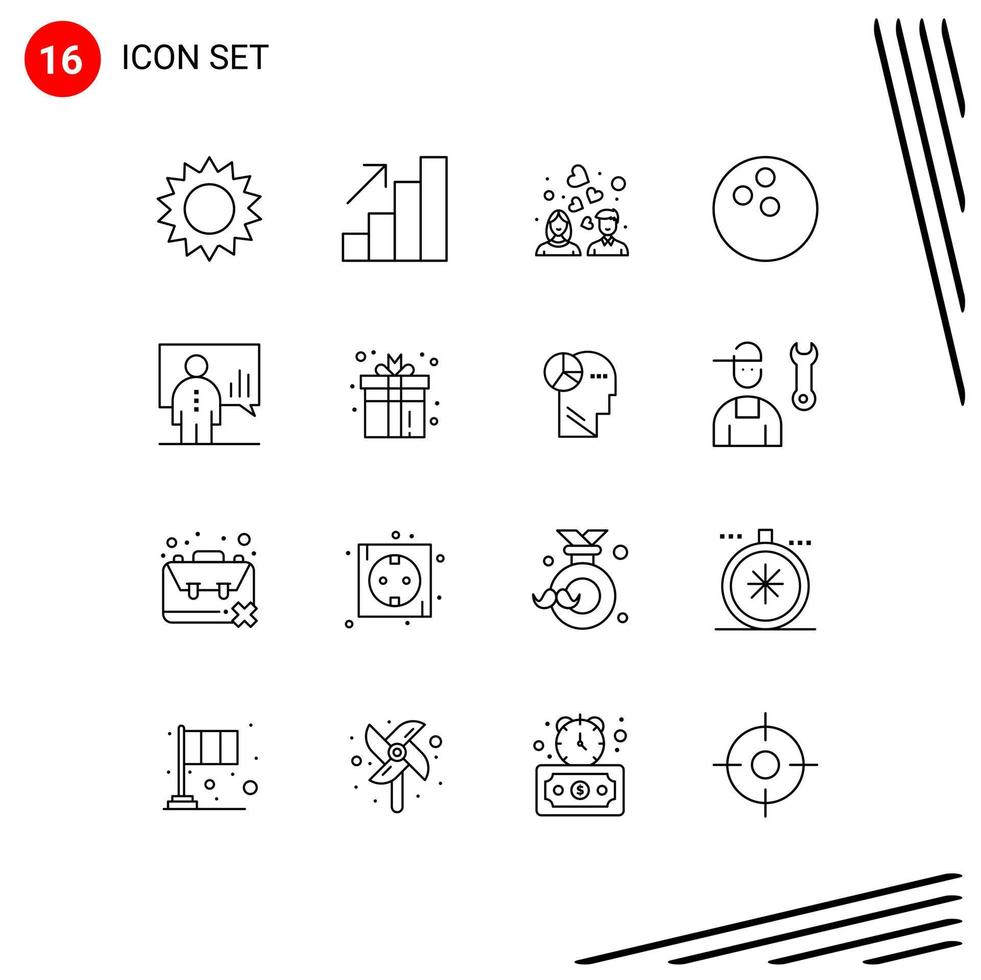 Editable Vector Line Pack of 16 Simple Outlines of man board love analytics bowling Editable Vector Design Elements