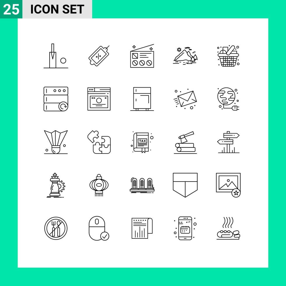 Set of 25 Commercial Lines pack for cart mountain communication landscape nature Editable Vector Design Elements