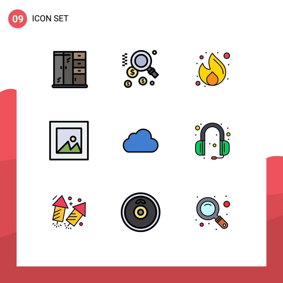 Modern Set of 9 Filledline Flat Colors Pictograph of cloudy data marketing cloud layout Editable Vector Design Elements