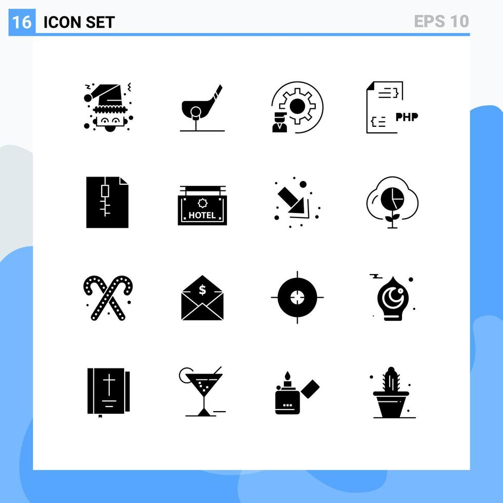 16 signos de glifos sólidos universales símbolos de codificación de desarrollo programador de golf desarrollo elementos de diseño vectorial editables vector