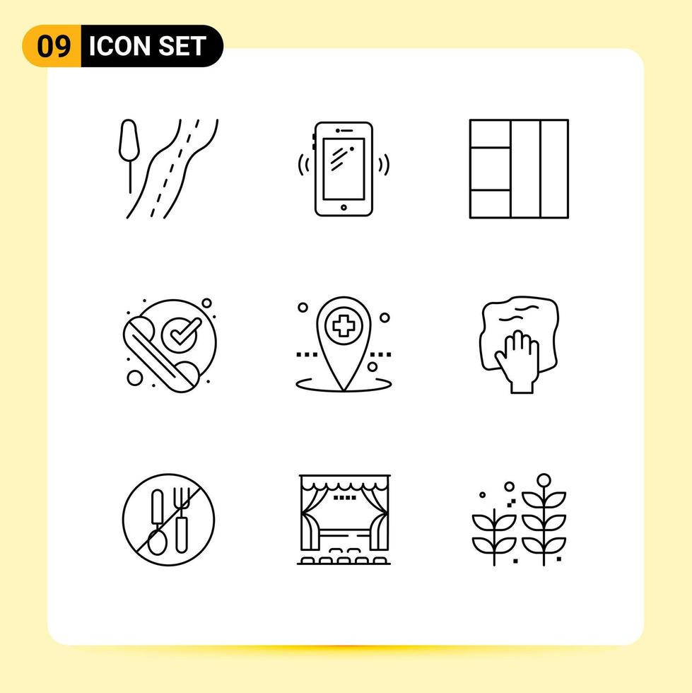 Mobile Interface Outline Set of 9 Pictograms of local healthcare grid received ok Editable Vector Design Elements