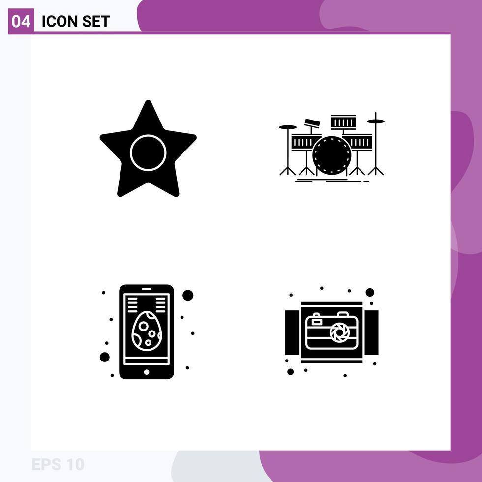 Group of 4 Solid Glyphs Signs and Symbols for star easter drum kit mobile Editable Vector Design Elements