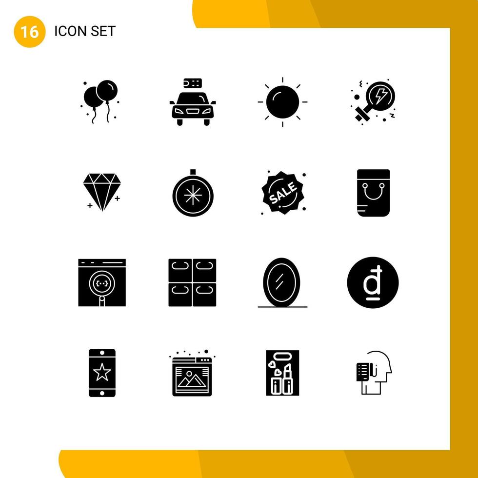 paquete de 16 signos y símbolos de glifos sólidos modernos para medios de impresión web, como joyas, diamantes, vacaciones, mujeres, feminismo, elementos de diseño de vectores editables