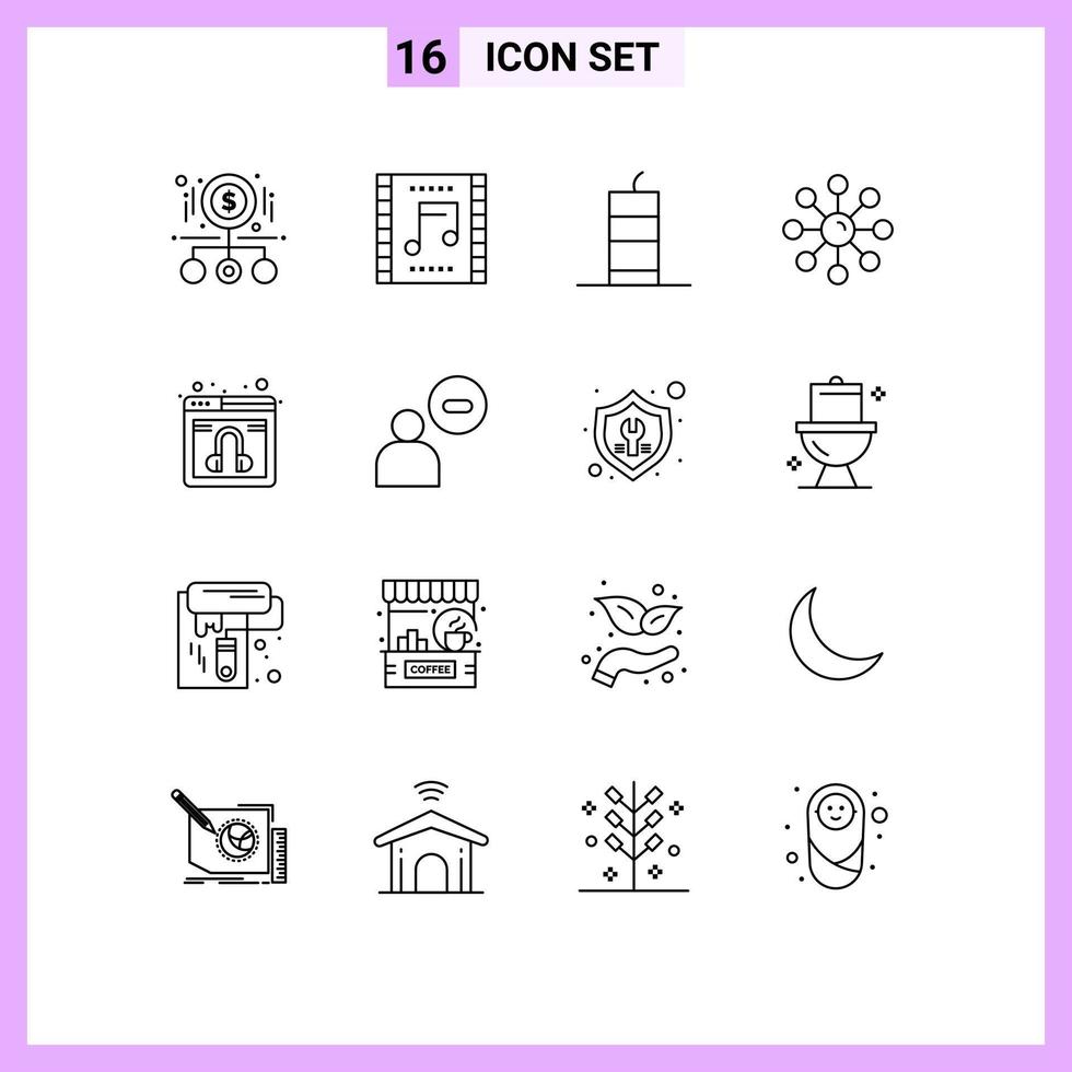 Pack of 16 Modern Outlines Signs and Symbols for Web Print Media such as skin care dry skin music concert terrorism dynamite Editable Vector Design Elements