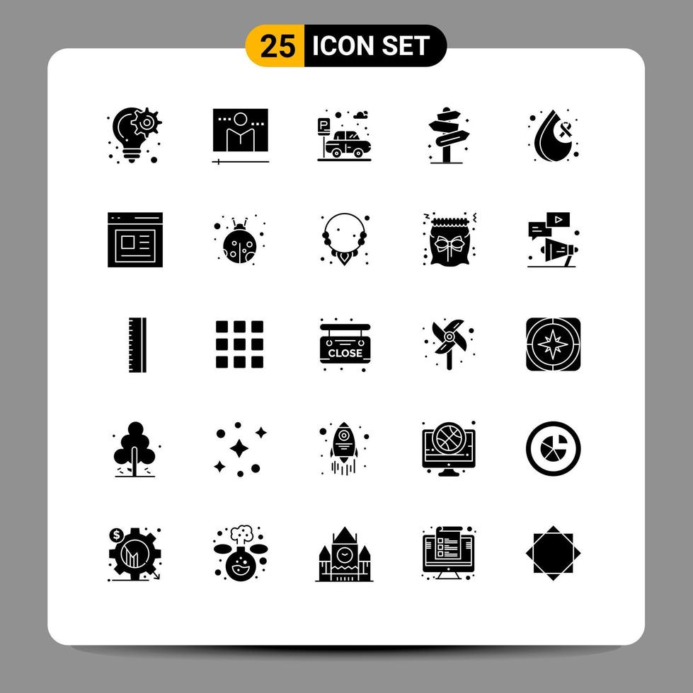 grupo de símbolos de iconos universales de 25 glifos sólidos modernos de elementos de diseño de vectores editables de transporte de dirección de reproductor de medios de calle