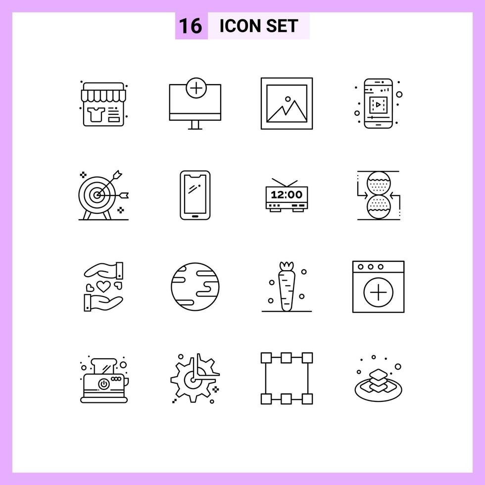 Universal Icon Symbols Group of 16 Modern Outlines of goal achievement hardware mobile video mobile app Editable Vector Design Elements