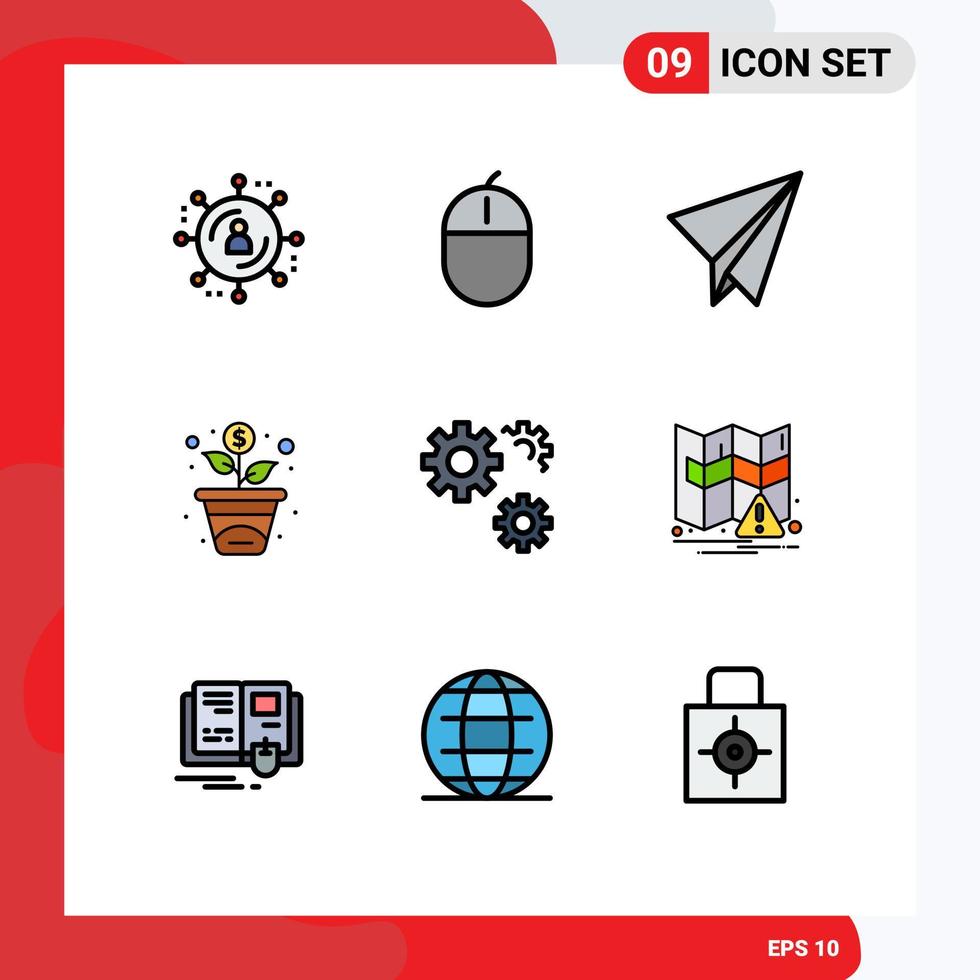 Modern Set of 9 Filledline Flat Colors Pictograph of service gears paper configuration growth Editable Vector Design Elements