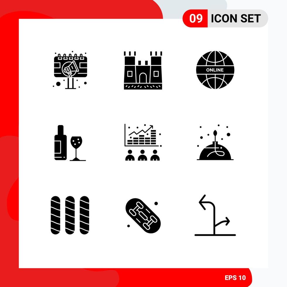 9 User Interface Solid Glyph Pack of modern Signs and Symbols of data love global glass drink Editable Vector Design Elements