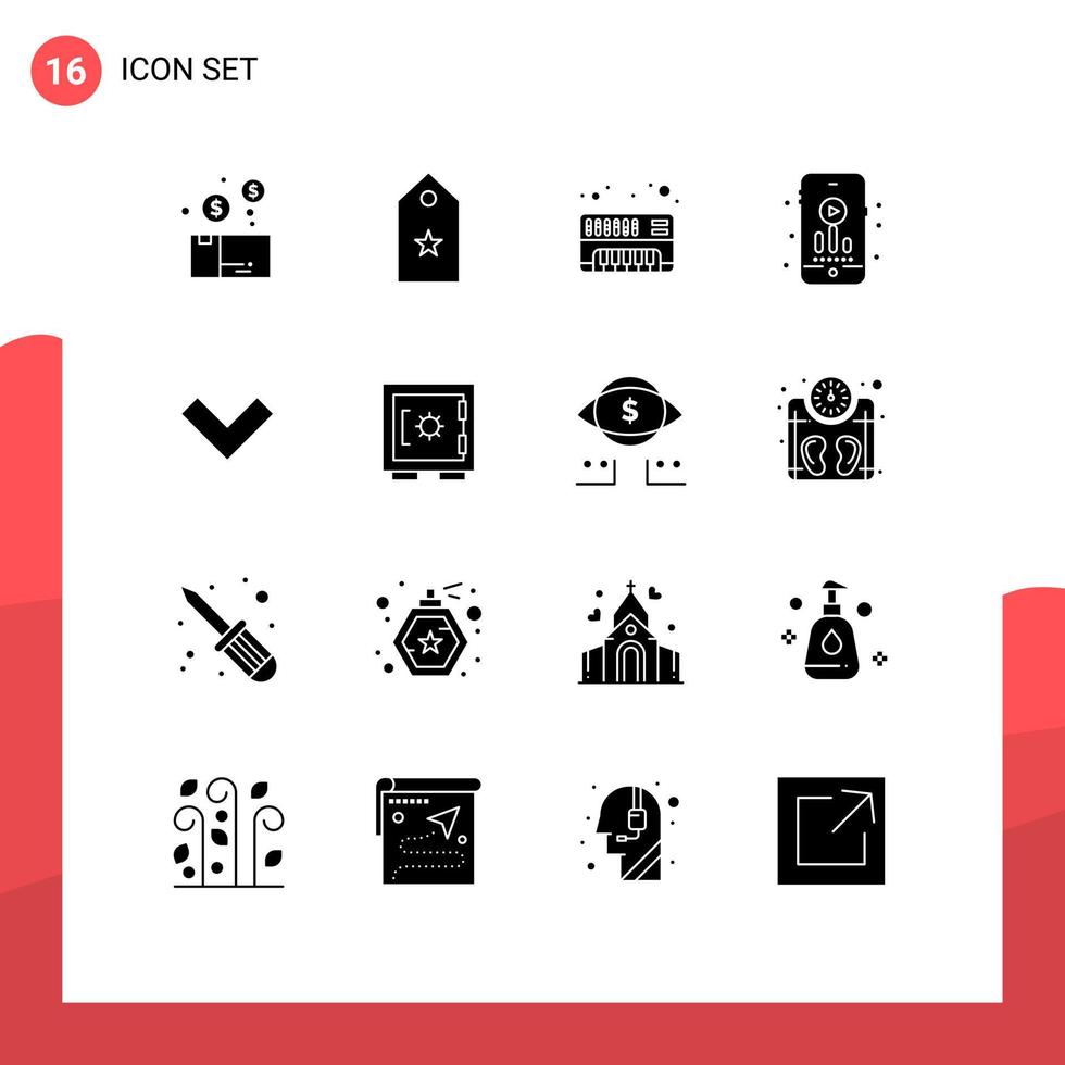 Mobile Interface Solid Glyph Set of 16 Pictograms of down hobby star hobbies synthesizer Editable Vector Design Elements