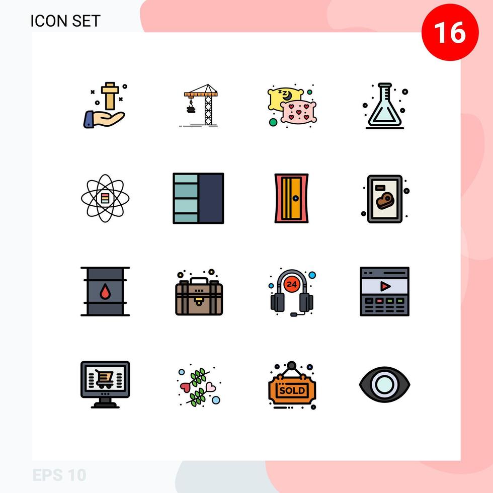 paquete de líneas llenas de color plano de 16 símbolos universales de matraz de datos que construyen elementos de diseño de vectores creativos editables de sueño de laboratorio