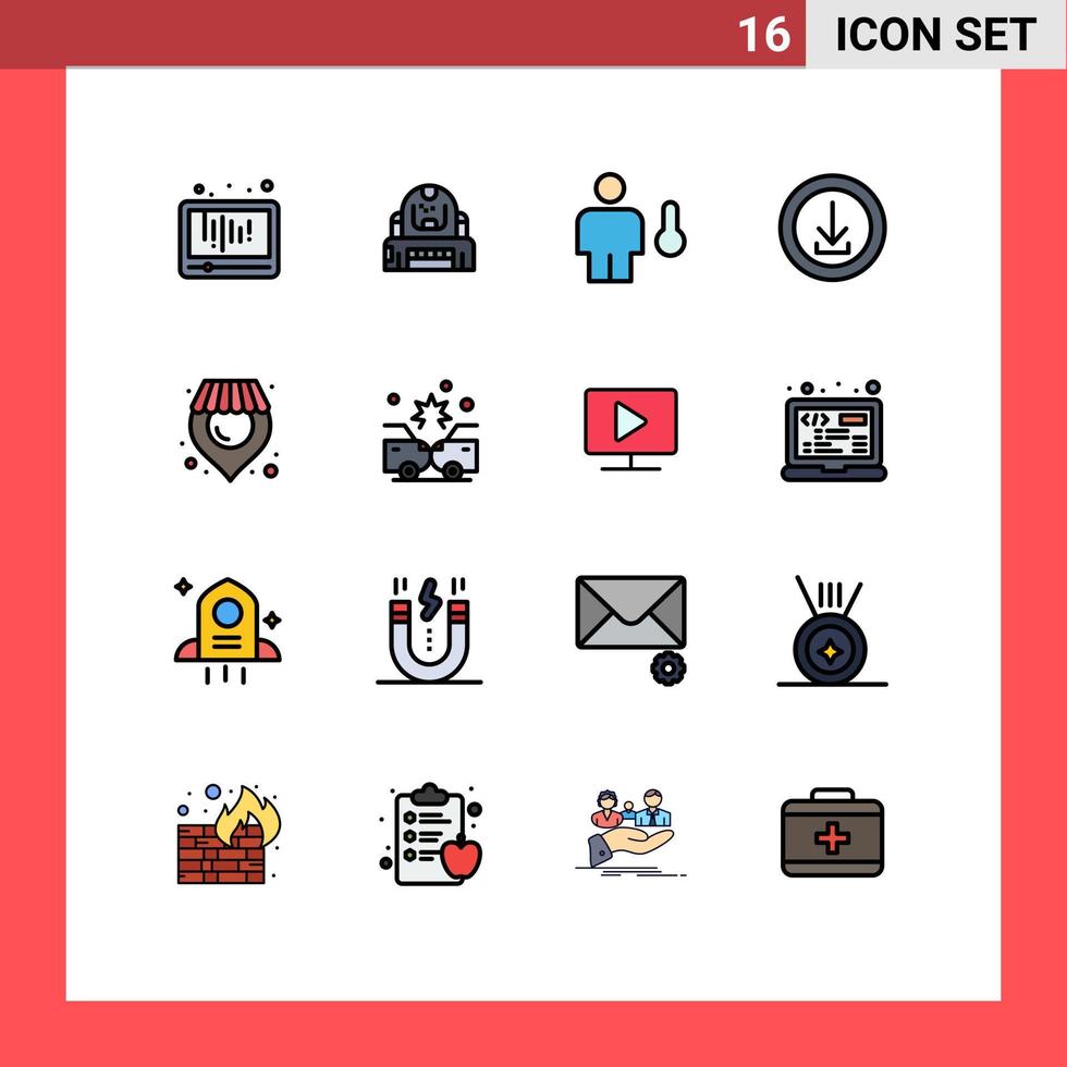 Editable Vector Line Pack of 16 Simple Flat Color Filled Lines of download apps helmet temperature degrees Editable Creative Vector Design Elements