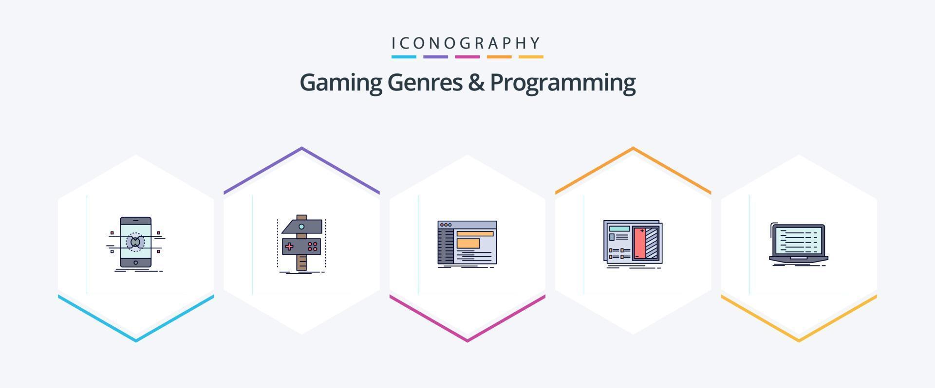 Gaming Genres And Programming 25 FilledLine icon pack including design. developer. software. panel vector