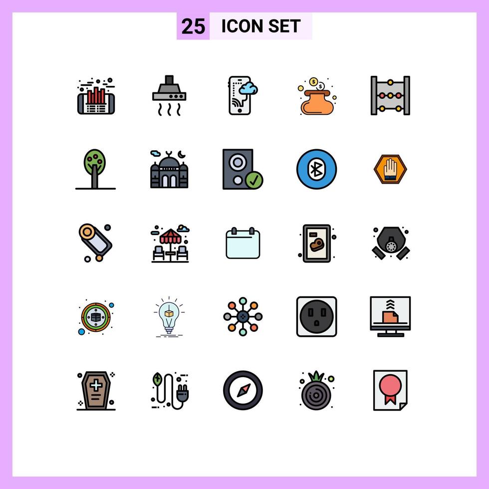 Modern Set of 25 Filled line Flat Colors and symbols such as math abacus cloud purse cash Editable Vector Design Elements