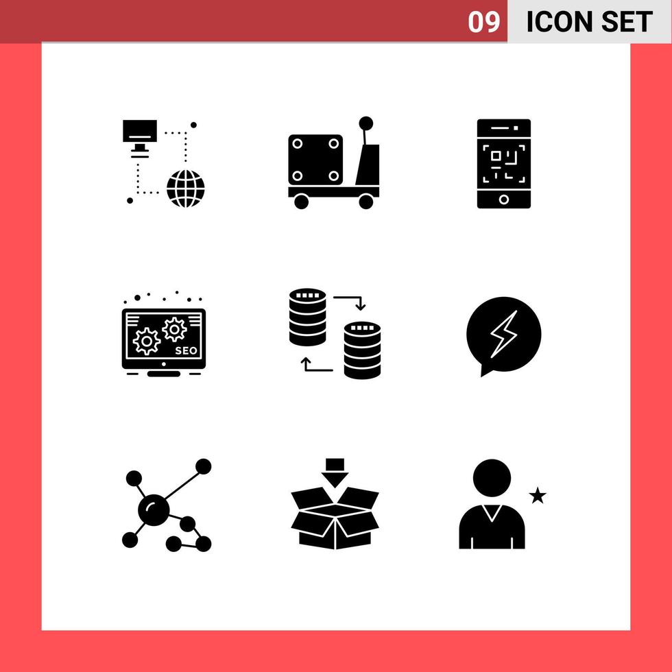 Group of 9 Solid Glyphs Signs and Symbols for sql database barcode seo marketing Editable Vector Design Elements