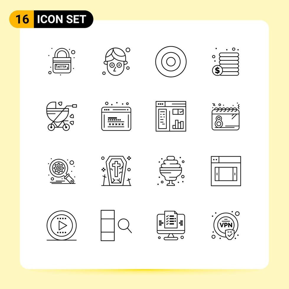 16 Universal Outline Signs Symbols of buggy baby carriage gold money cash Editable Vector Design Elements