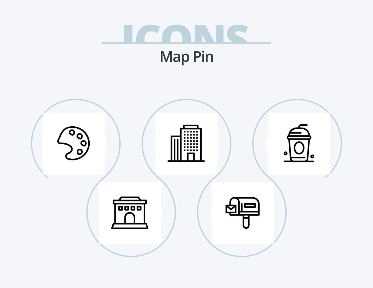 diseño de iconos del paquete de iconos de línea pin de mapa 5. . . rueda. taza. café vector