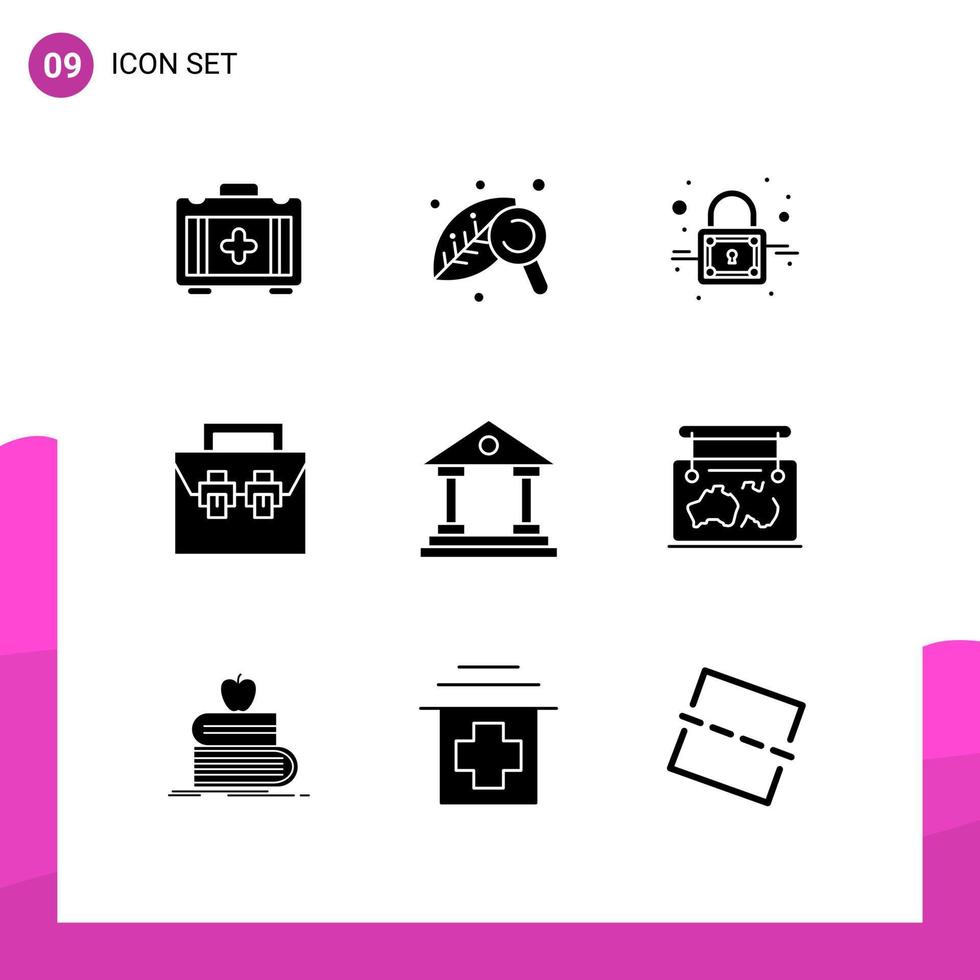 Group of 9 Solid Glyphs Signs and Symbols for court bank lock toolkit construction Editable Vector Design Elements