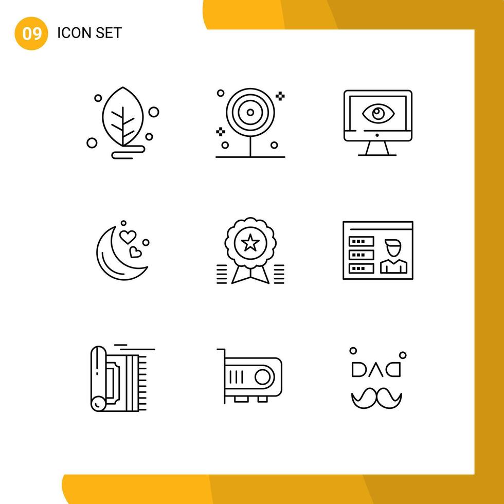 Modern Set of 9 Outlines Pictograph of romantic night night monitor moon video Editable Vector Design Elements