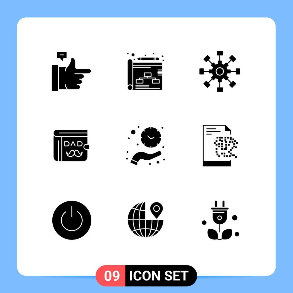 User Interface Pack of 9 Basic Solid Glyphs of hold clock collaboration fathers day dad Editable Vector Design Elements