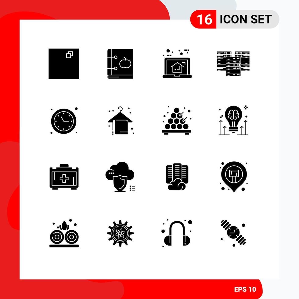 Set of 16 Vector Solid Glyphs on Grid for clock database house data center Editable Vector Design Elements