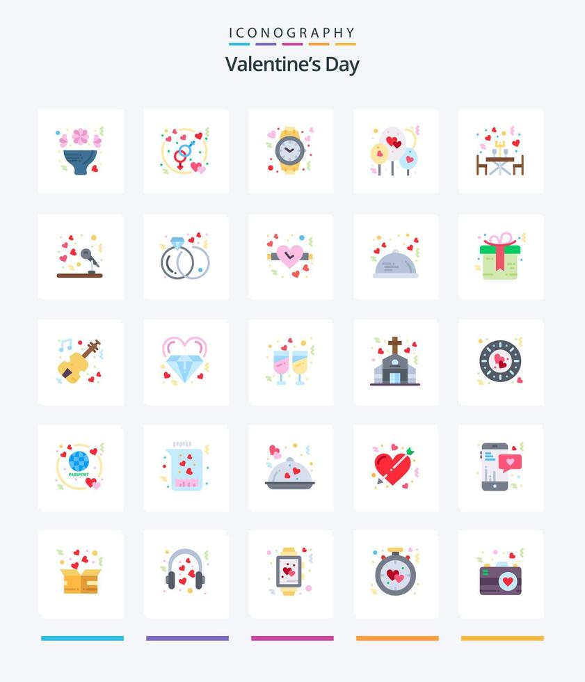 Creative Valentines Day 25 Flat icon pack  Such As dinner. heart. wedding love. balloon. time vector
