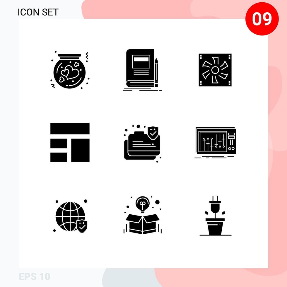 Group of 9 Modern Solid Glyphs Set for frame fan education device compter Editable Vector Design Elements