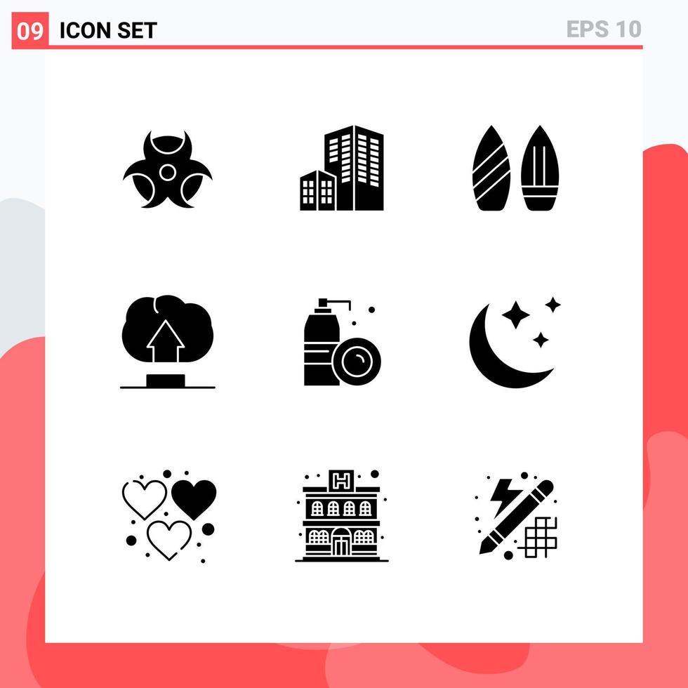 Modern Set of 9 Solid Glyphs Pictograph of crescent cleaning sports bottle user Editable Vector Design Elements
