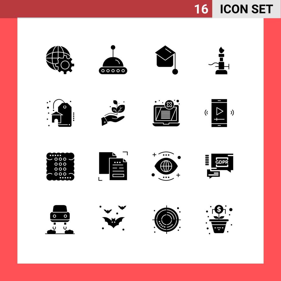 Mobile Interface Solid Glyph Set of 16 Pictograms of sale discount graduation hat torch light Editable Vector Design Elements