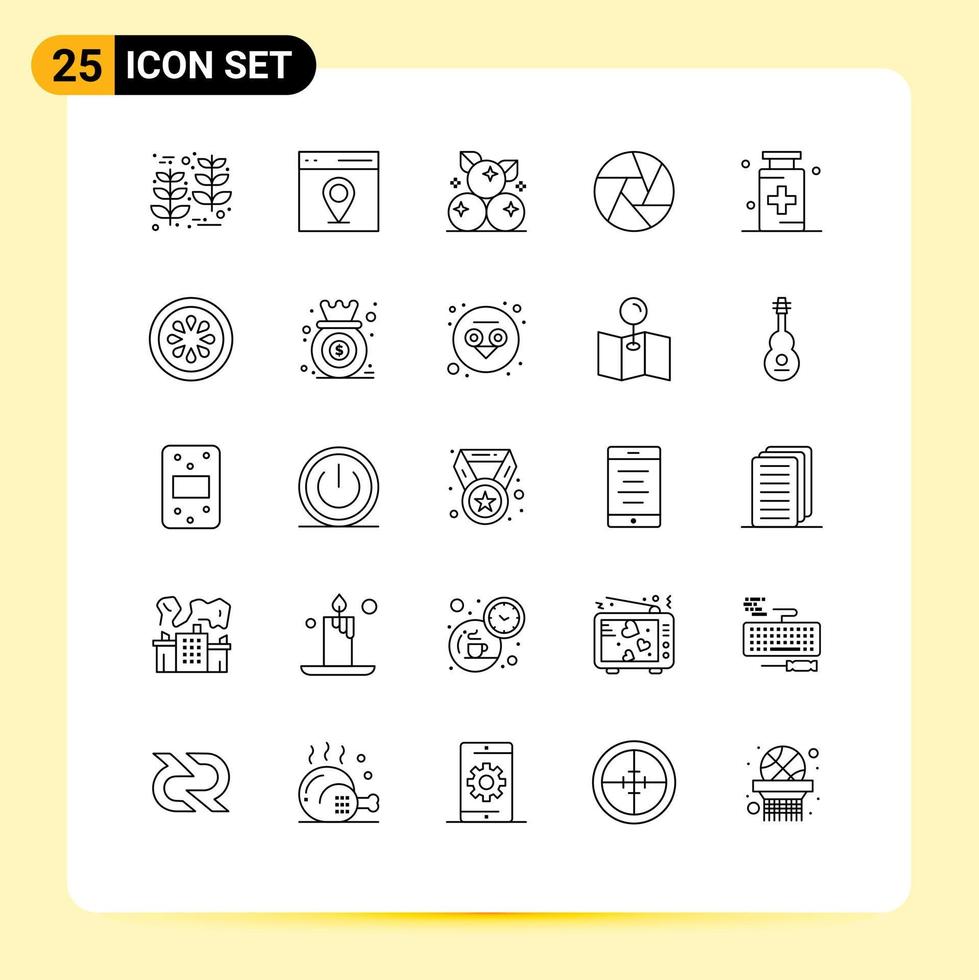 Modern Set of 25 Lines Pictograph of drug photo berry focus aperture Editable Vector Design Elements