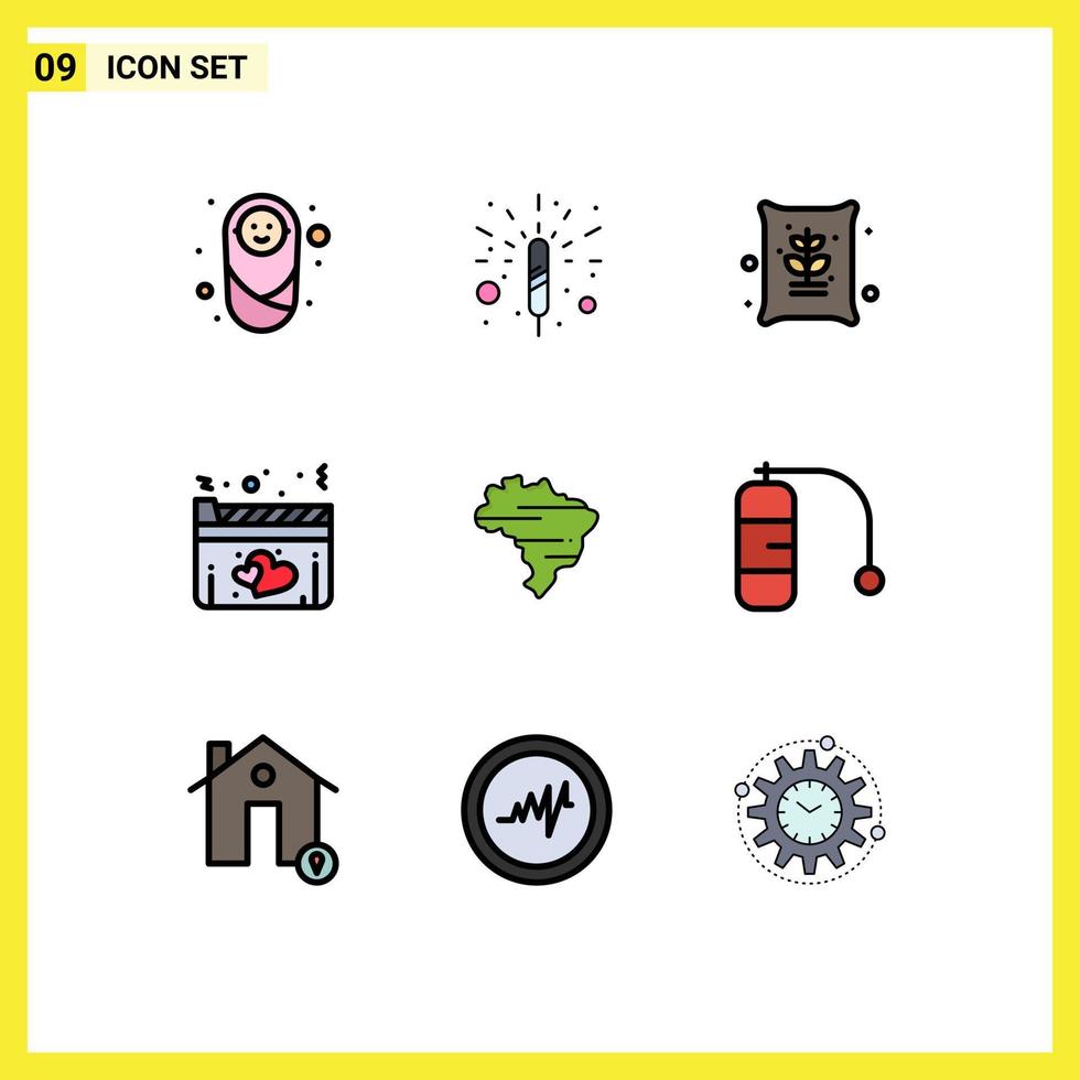 User Interface Pack of 9 Basic Filledline Flat Colors of country brazil farm movie heart Editable Vector Design Elements