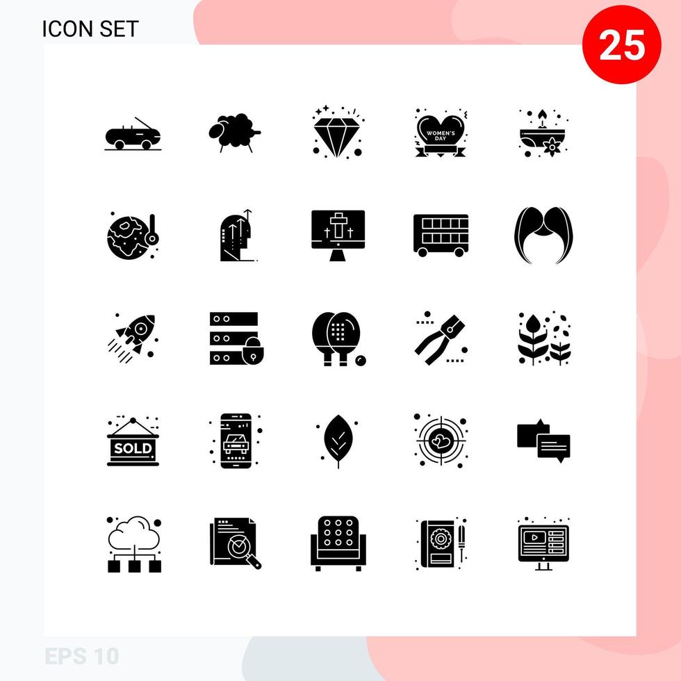 Mobile Interface Solid Glyph Set of 25 Pictograms of flower candle jewel aromatic happy Editable Vector Design Elements