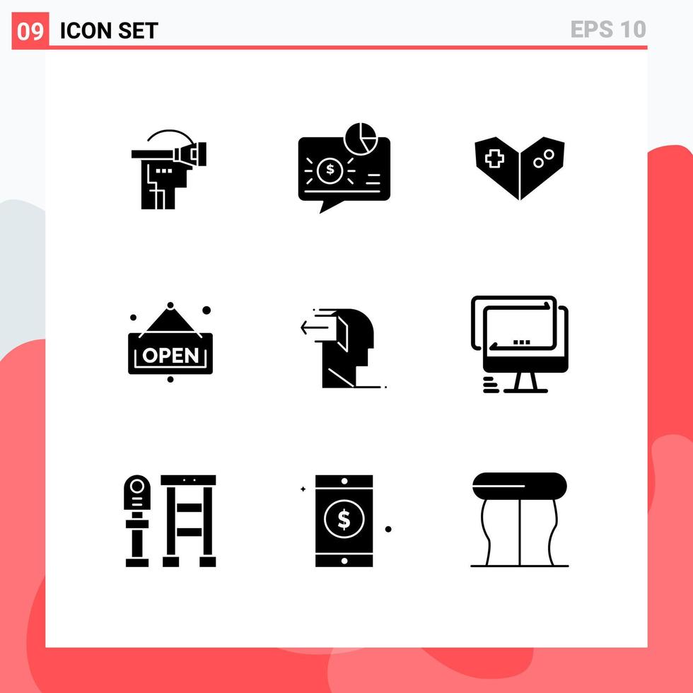 Mobile Interface Solid Glyph Set of 9 Pictograms of negative door payment shop open Editable Vector Design Elements