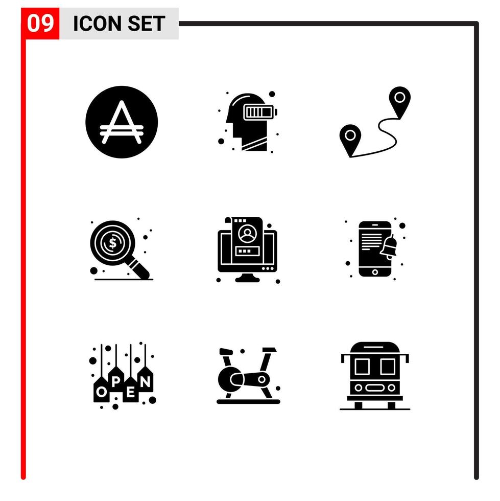9 User Interface Solid Glyph Pack of modern Signs and Symbols of monitor account mind search find Editable Vector Design Elements