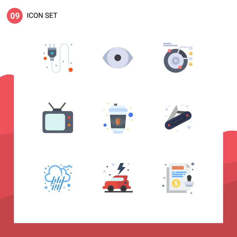 Pack of 9 Modern Flat Colors Signs and Symbols for Web Print Media such as starbucks coffee model watch television Editable Vector Design Elements