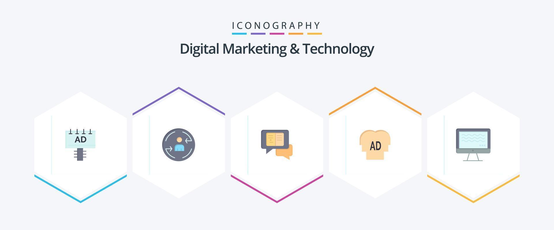 Digital Marketing And Technology 25 Flat icon pack including streaming. brian. chat. ab . elementary vector