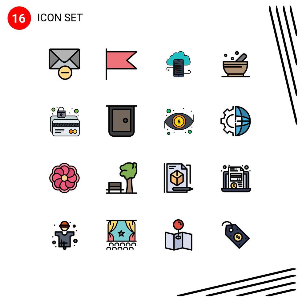 16 User Interface Flat Color Filled Line Pack of modern Signs and Symbols of card protection science cloud storage soup safety Editable Creative Vector Design Elements