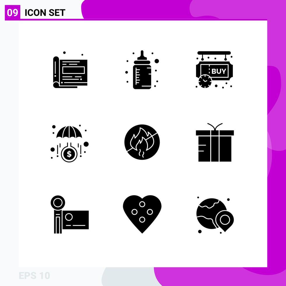 9 Thematic Vector Solid Glyphs and Editable Symbols of no fire invest sign board growth timer Editable Vector Design Elements