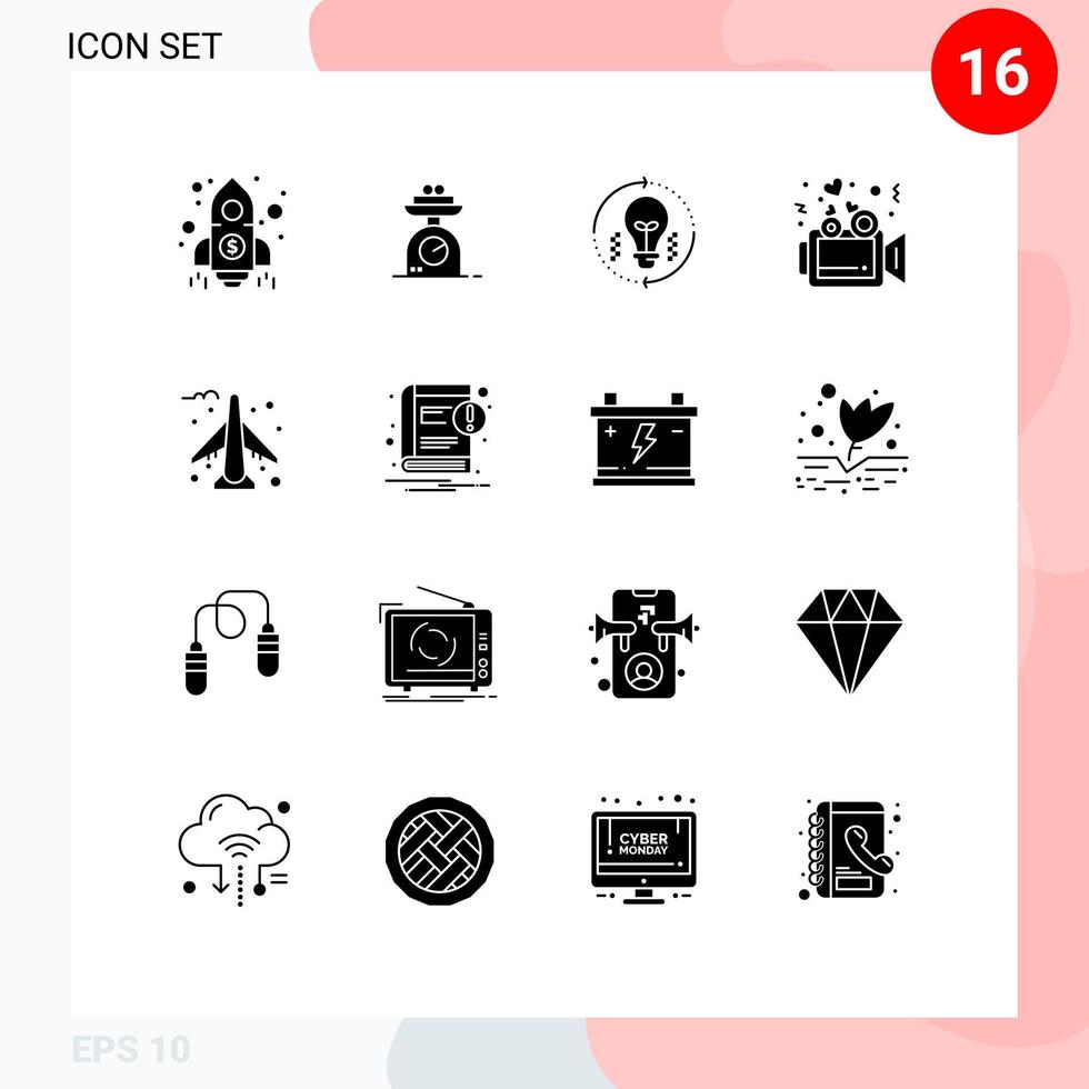 User Interface Pack of 16 Basic Solid Glyphs of airplane video bulb presentation refresh Editable Vector Design Elements