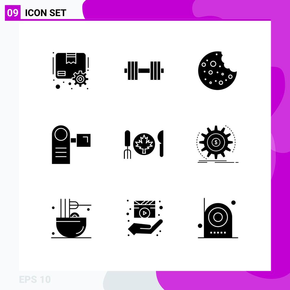 símbolos de iconos universales grupo de 9 glifos sólidos modernos de equipos de otoño alimentos dispositivos electrónicos elementos de diseño de vectores editables
