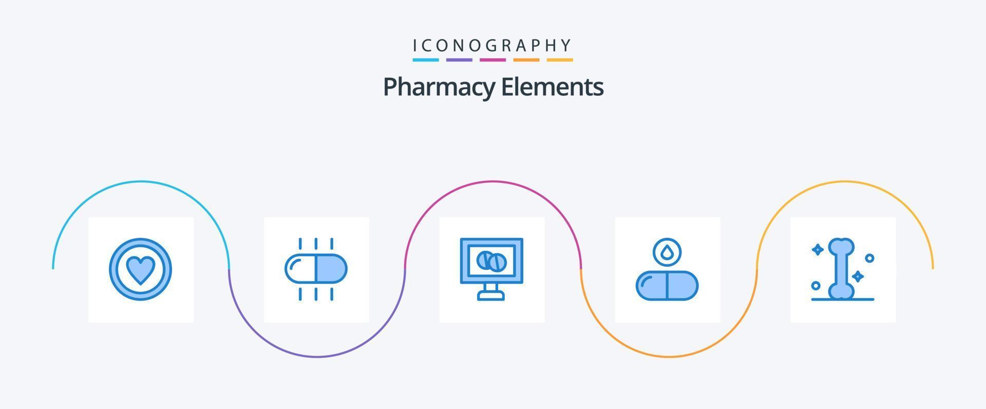 paquete de iconos azul 5 de elementos de farmacia que incluye. hueso. medicamento. médico. soltar vector