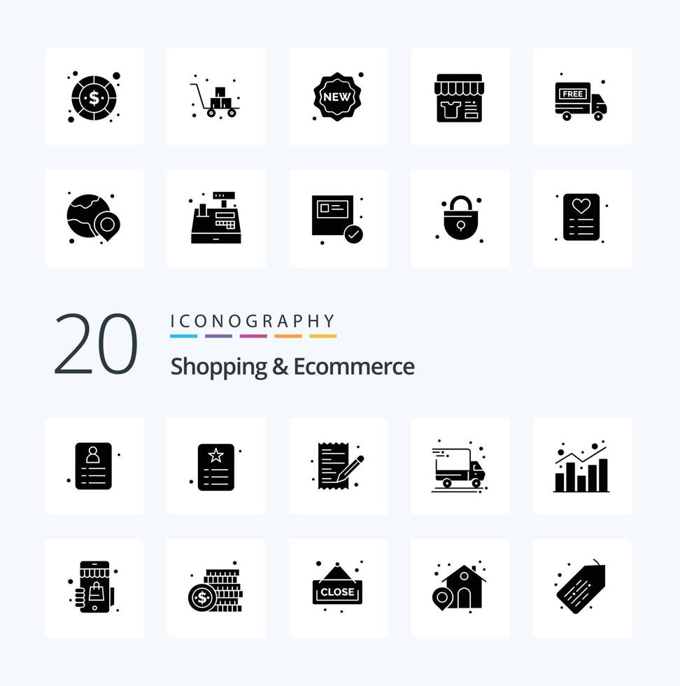 20 Shopping  Ecommerce Solid Glyph icon Pack like report analytics ecommerce package delivery delivery truck vector