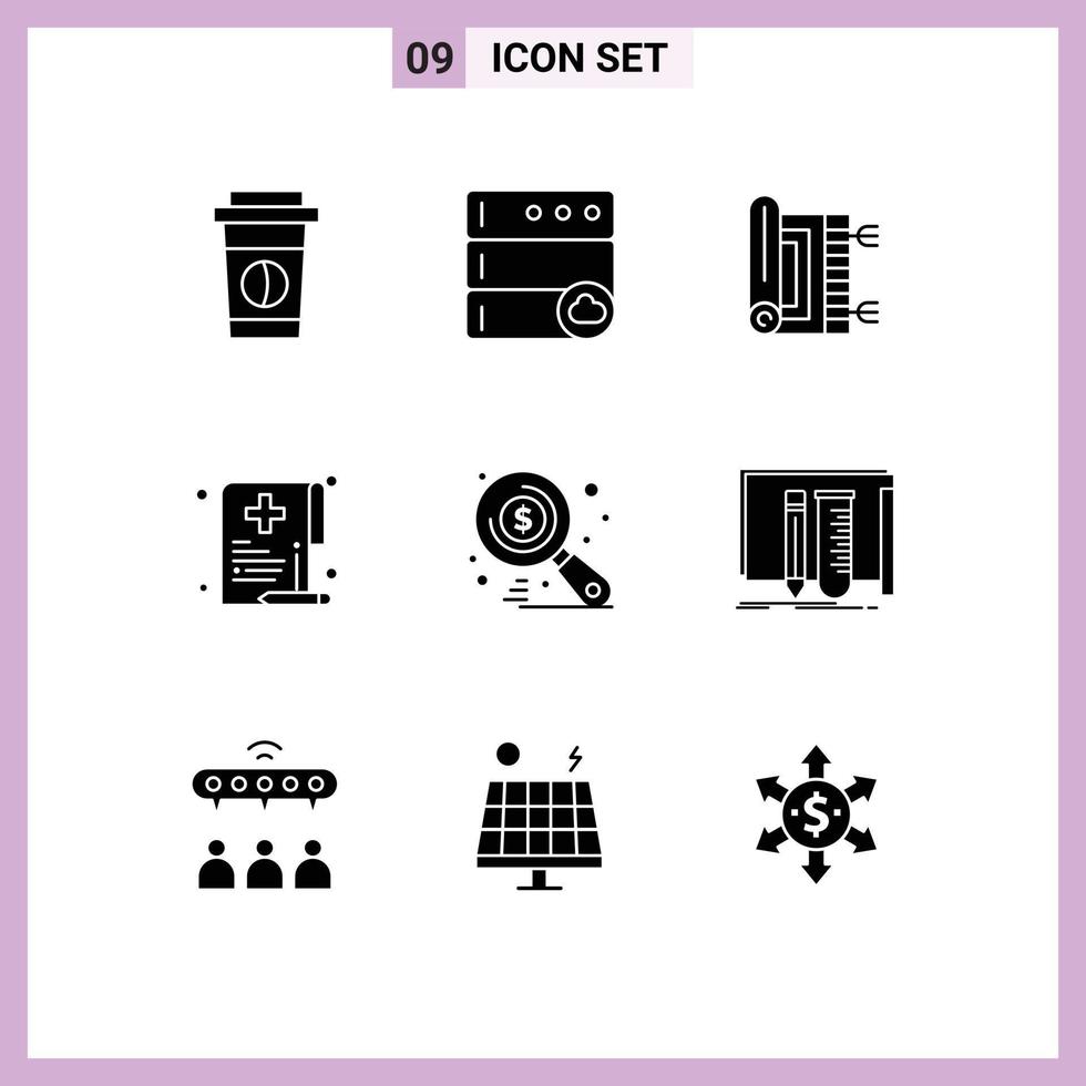 Modern Set of 9 Solid Glyphs Pictograph of market document rug medical health Editable Vector Design Elements