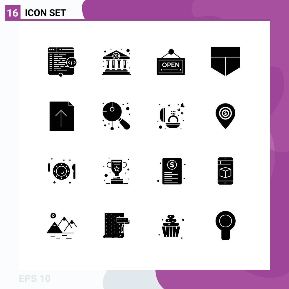 16 User Interface Solid Glyph Pack of modern Signs and Symbols of upload document government shield hotel Editable Vector Design Elements