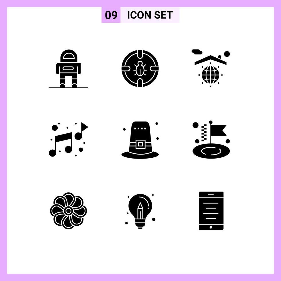 Modern Set of 9 Solid Glyphs and symbols such as hat sound security note safe Editable Vector Design Elements
