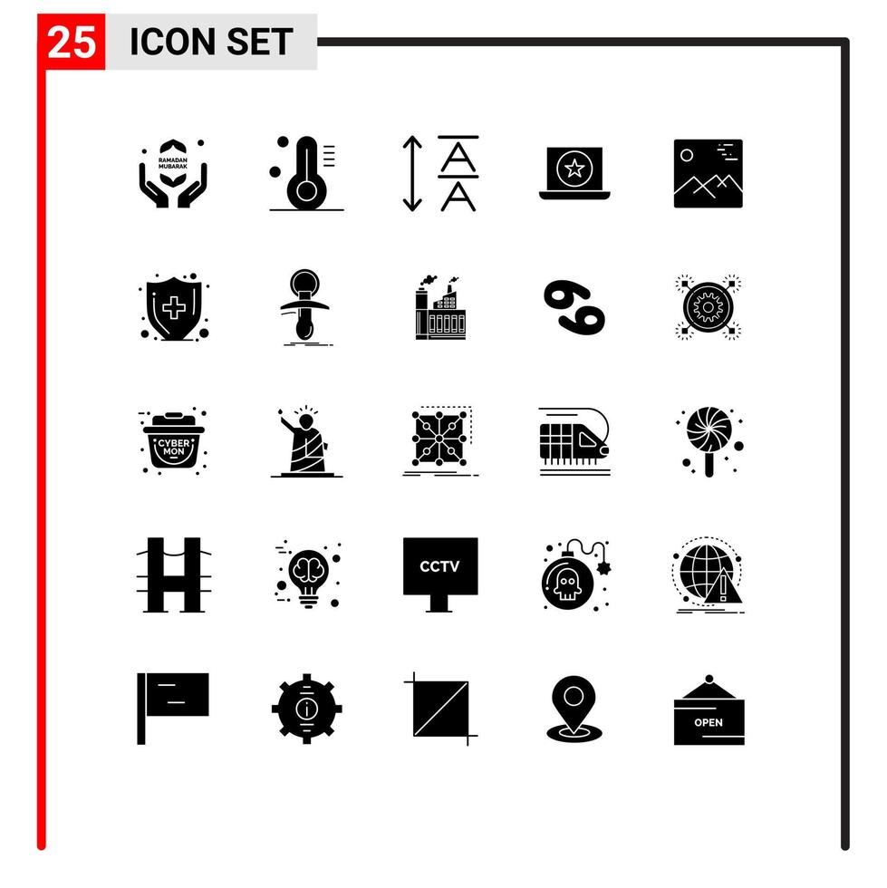 Set of 25 Commercial Solid Glyphs pack for health insurance picture leading image star Editable Vector Design Elements