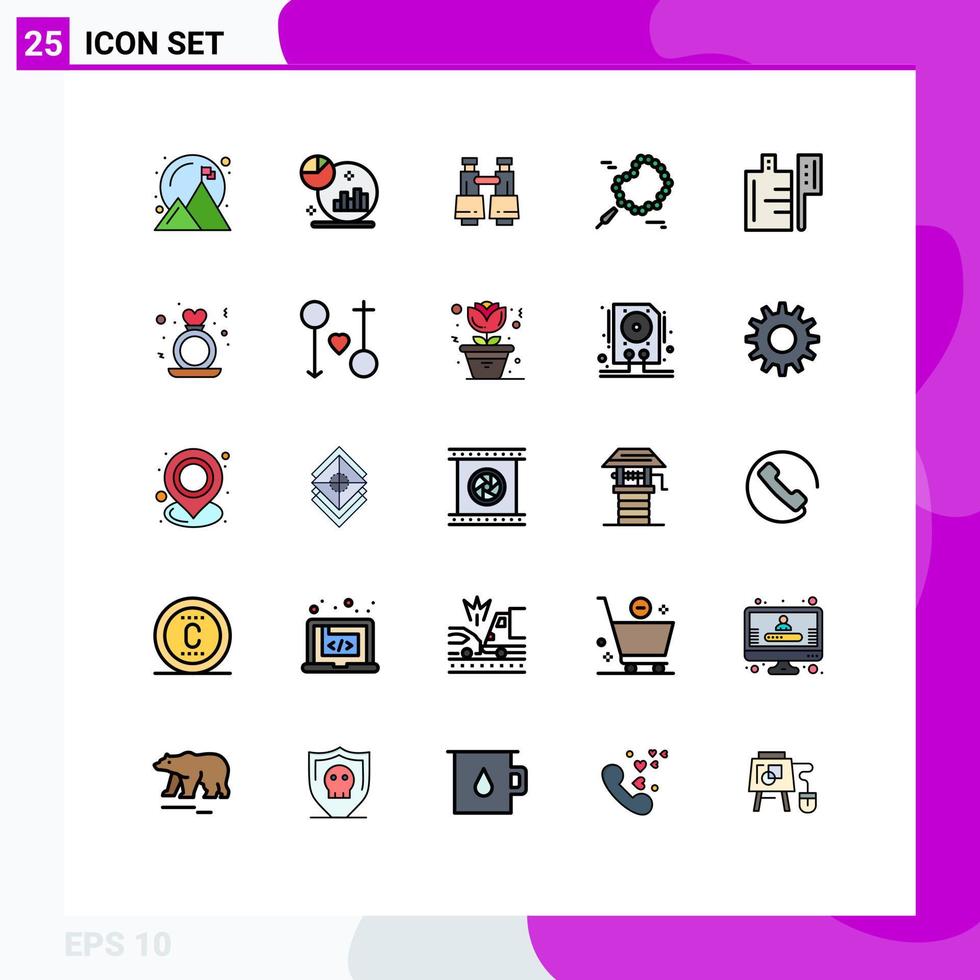 Concepto de color plano de 25 líneas rellenas para sitios web móviles y aplicaciones beber binoculares de alimentos elementos de diseño vectorial editables de cuentas de oración vector