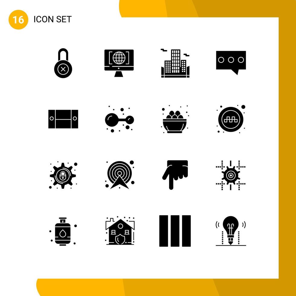 paquete de 16 signos y símbolos de glifos sólidos modernos para medios de impresión web, como elementos de diseño de vectores editables de mensajes de escritorio de negocios de muebles de átomos