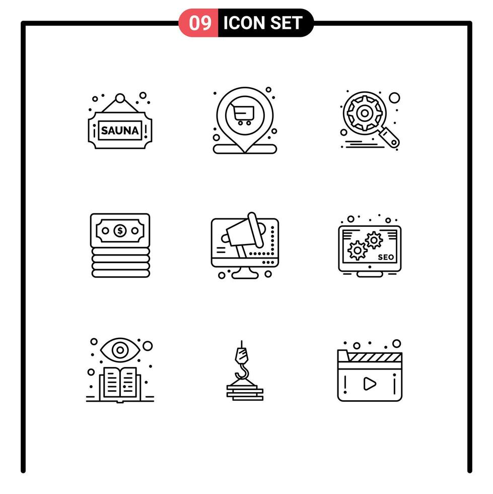 Pictogram Set of 9 Simple Outlines of speaker business engine money banking Editable Vector Design Elements