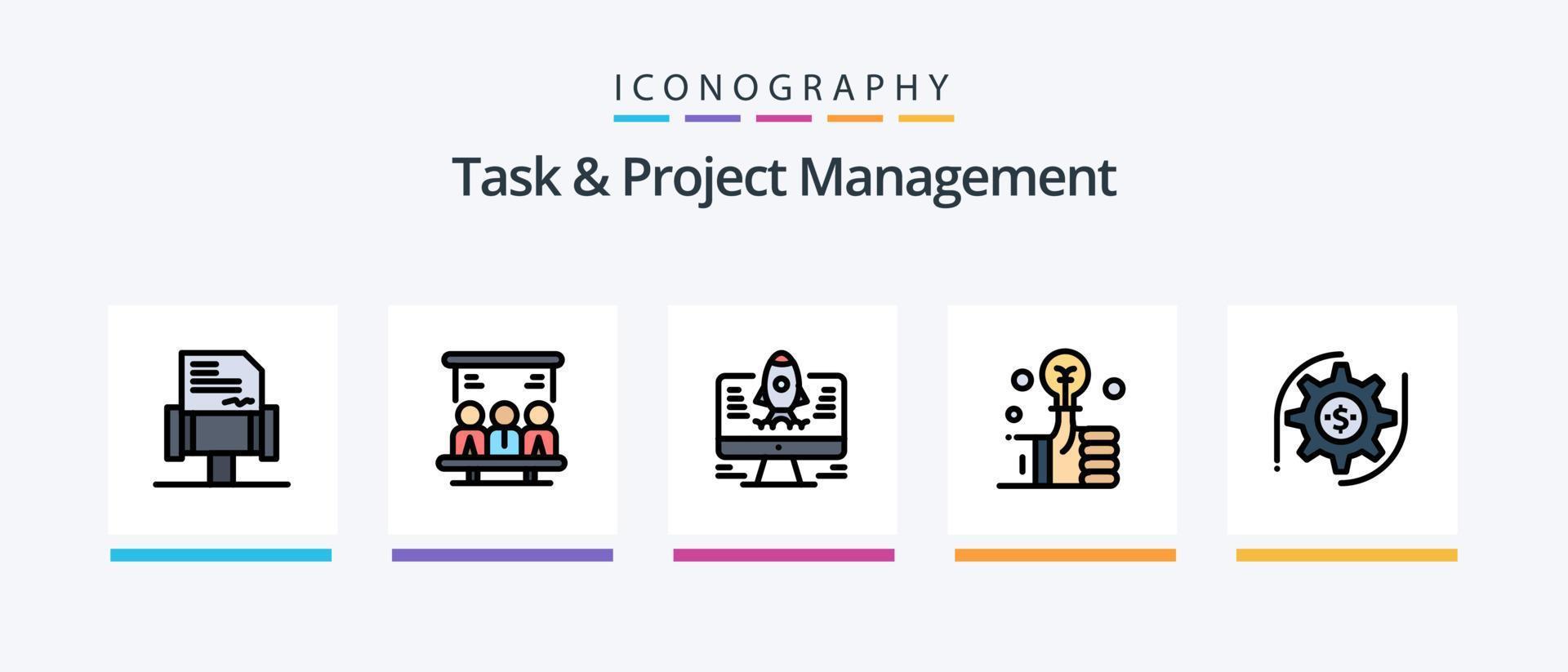 Task And Project Management Line Filled 5 Icon Pack Including setting . gear . startup. configuration . gear. Creative Icons Design vector