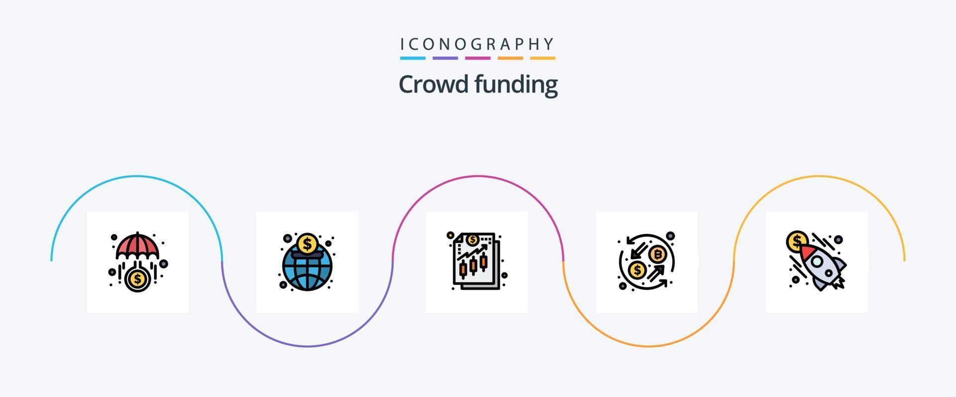 Crowdfunding Line Filled Flat 5 Icon Pack Including launch. transformation. analysis. exchange. currency vector